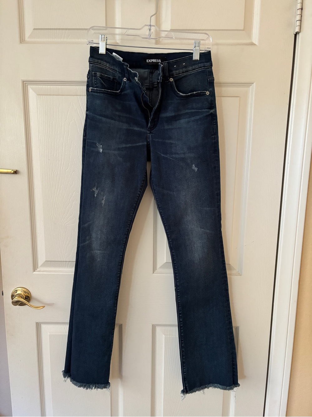 Express Dark Blue Straight Leg Jeans with Subtle Distress